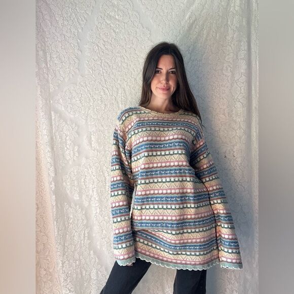 Vintage Pastel Multi-Patterned Knit Crossings Jumper Sweater – 100% Cotton - Picture 9 of 13